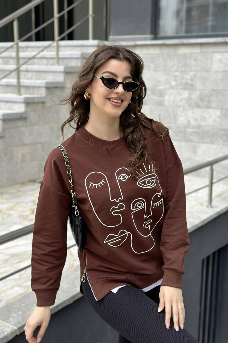 ROUND NECK IMAGE COTTON WOMAN SWEATSHIRT BROWN/KAFE - 1