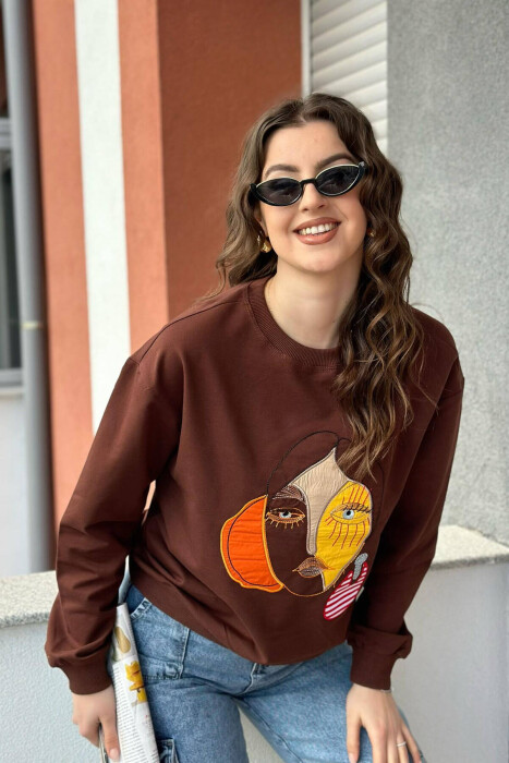 ROUND NECK IMAGE COTTON WOMAN SWEATSHIRT BROWN/KAFE - 2