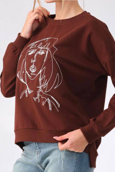 ROUND NECK IMAGE COTTON WOMAN SWEATSHIRT BROWN/KAFE 
