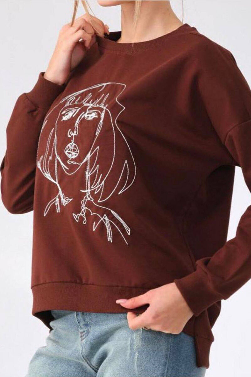 ROUND NECK IMAGE COTTON WOMAN SWEATSHIRT BROWN/KAFE - 1