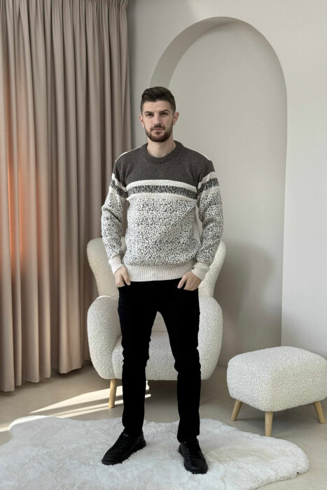 ROUND NECK KNITTED MEN SWEATER BEIGE/BEZHE - KLAUDIO FASHION