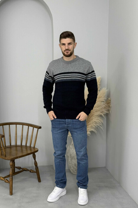 ROUND NECK KNITTED MEN SWEATER DARK BLUE/BEE - KLAUDIO FASHION