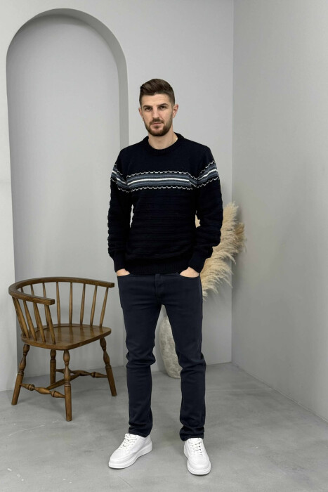ROUND NECK KNITTED MEN SWEATER DARK BLUE/BEE - KLAUDIO FASHION