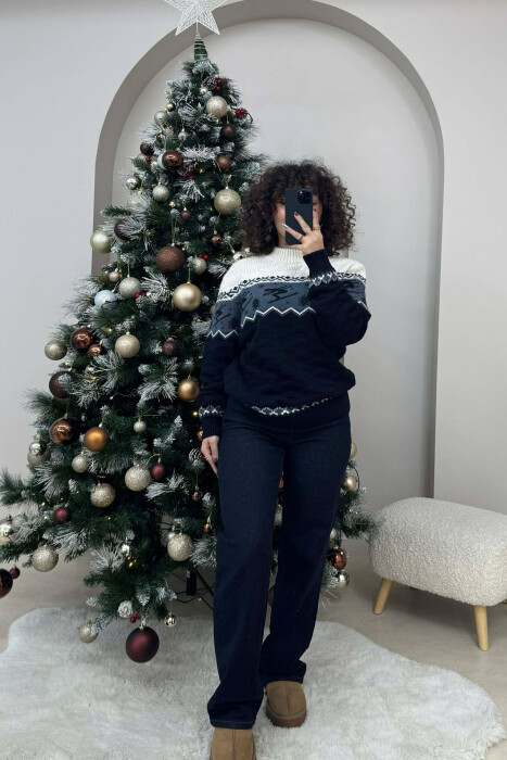 ROUND NECK KNITTED WOMEN SWEATER DARK BLUE/BEE - 1