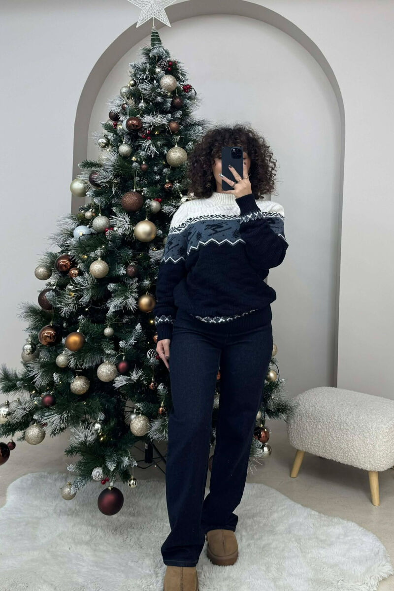 ROUND NECK KNITTED WOMEN SWEATER DARK BLUE/BEE - 1