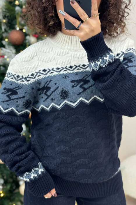 ROUND NECK KNITTED WOMEN SWEATER DARK BLUE/BEE - 4