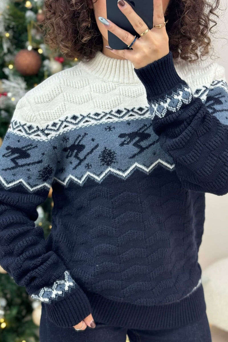 ROUND NECK KNITTED WOMEN SWEATER DARK BLUE/BEE - 4