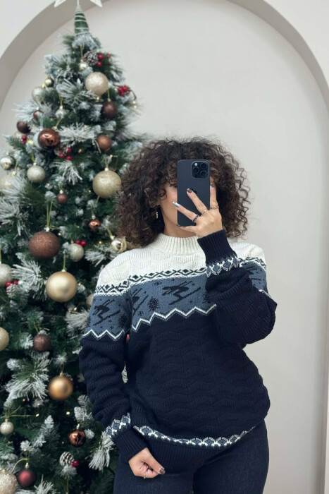 ROUND NECK KNITTED WOMEN SWEATER DARK BLUE/BEE - 2