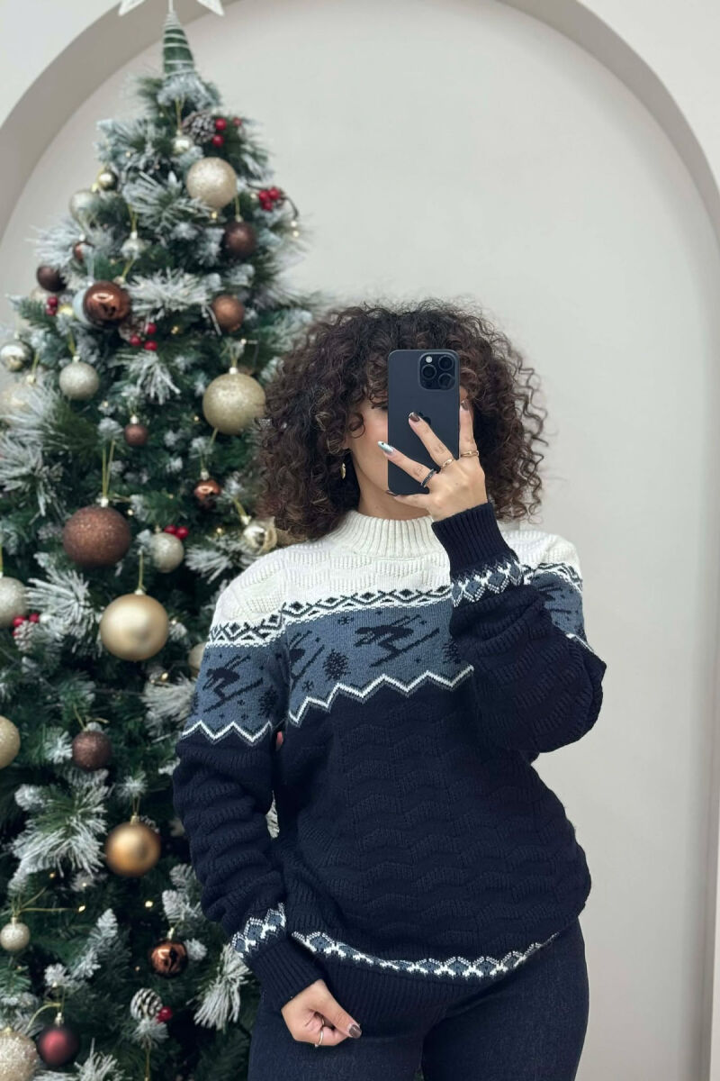 ROUND NECK KNITTED WOMEN SWEATER DARK BLUE/BEE - 2