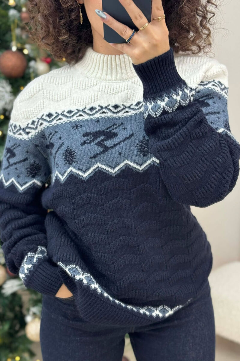 ROUND NECK KNITTED WOMEN SWEATER DARK BLUE/BEE - 3