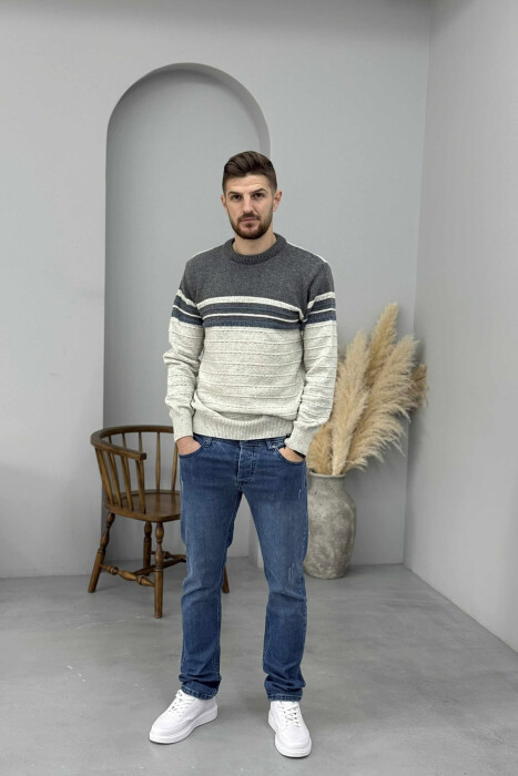ROUND NECK KNITTED MEN SWEATER LIGHT GREY/GZ - 1
