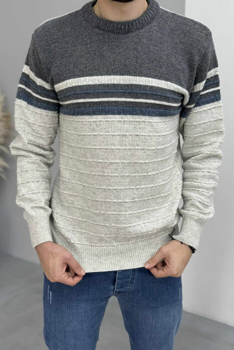 ROUND NECK KNITTED MEN SWEATER LIGHT GREY/GZ - 2