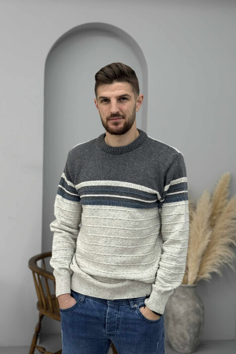 ROUND NECK KNITTED MEN SWEATER LIGHT GREY/GZ - 3
