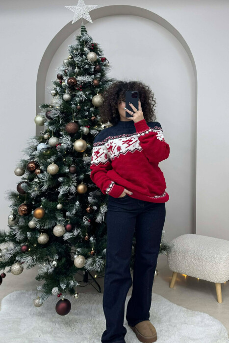 ROUND NECK KNITTED WOMEN SWEATER RED/E KUQE - 2