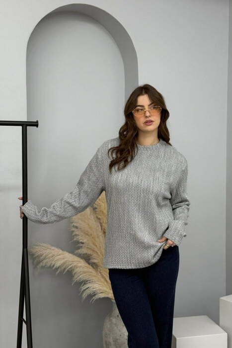 ROUND NECK KNITTED ONE COLOR WOMEN SWEATER GREY/GRI - 1