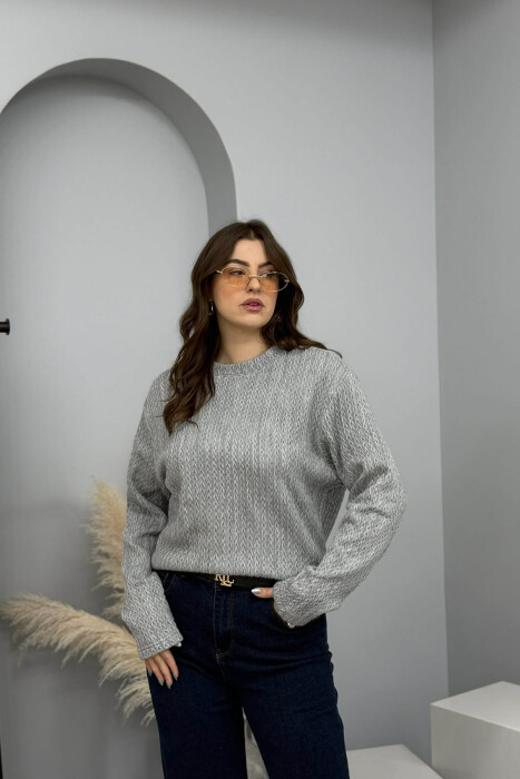 ROUND NECK KNITTED ONE COLOR WOMEN SWEATER GREY/GRI - 3