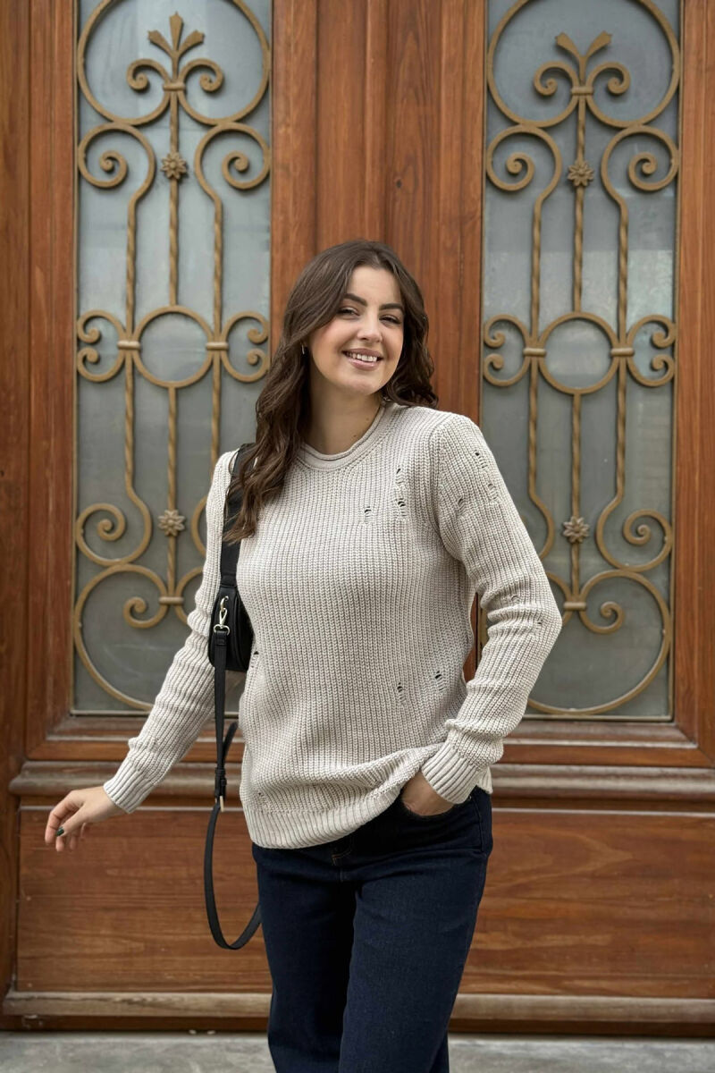 ROUND NECK KNITTED ONE COLOR WOMEN SWEATER BEIGE/BEZHE - 3