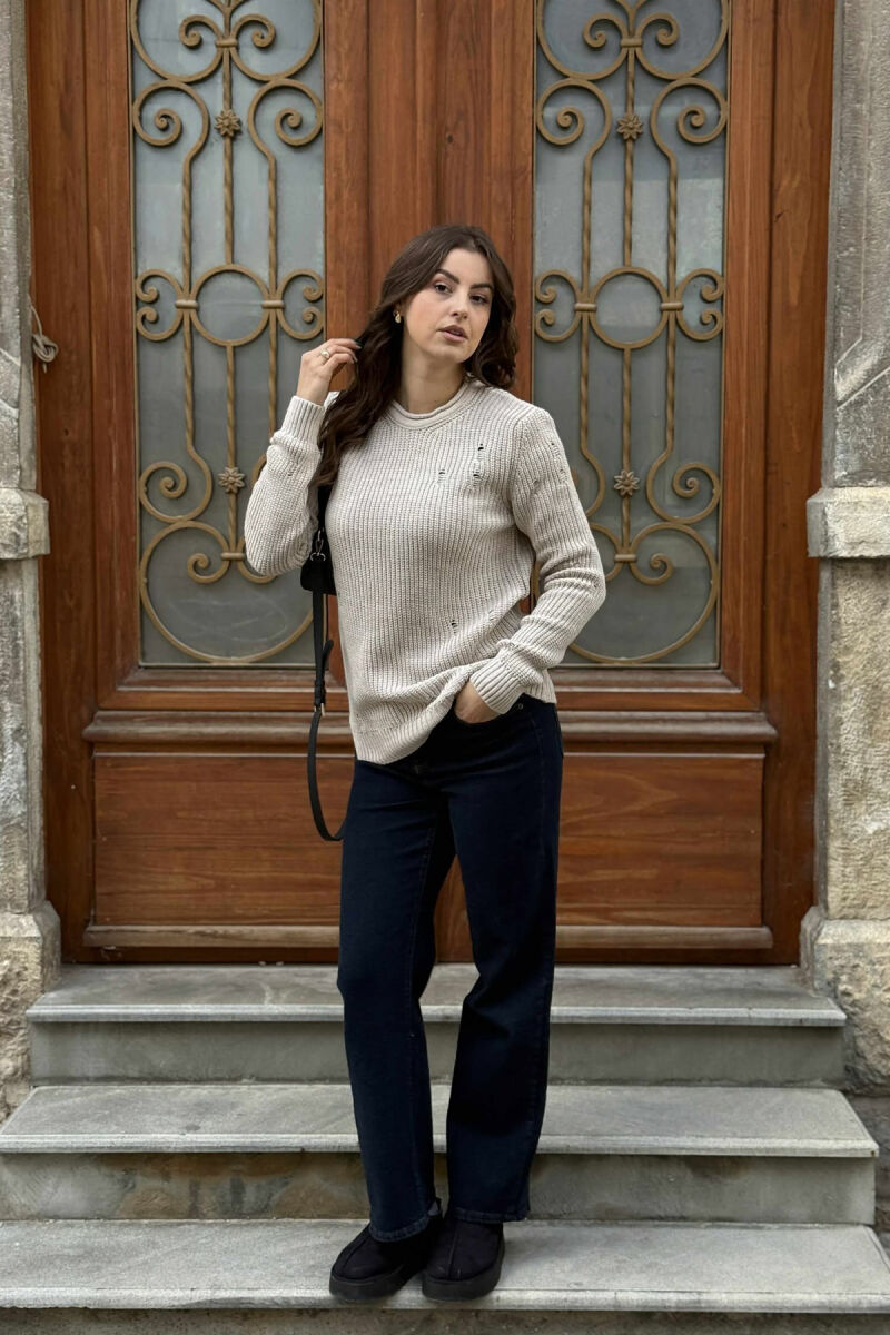 ROUND NECK KNITTED ONE COLOR WOMEN SWEATER BEIGE/BEZHE - 1