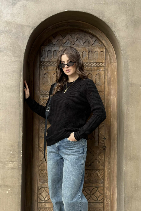 ROUND NECK KNITTED ONE COLOR WOMEN SWEATER BLACK/ E ZEZE - 2