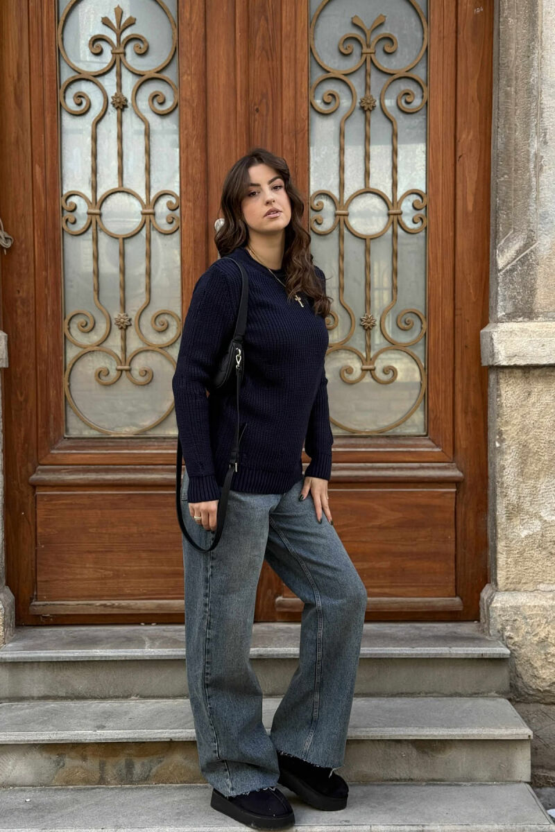 ROUND NECK KNITTED ONE COLOR WOMEN SWEATER BLUE/BLU - 1