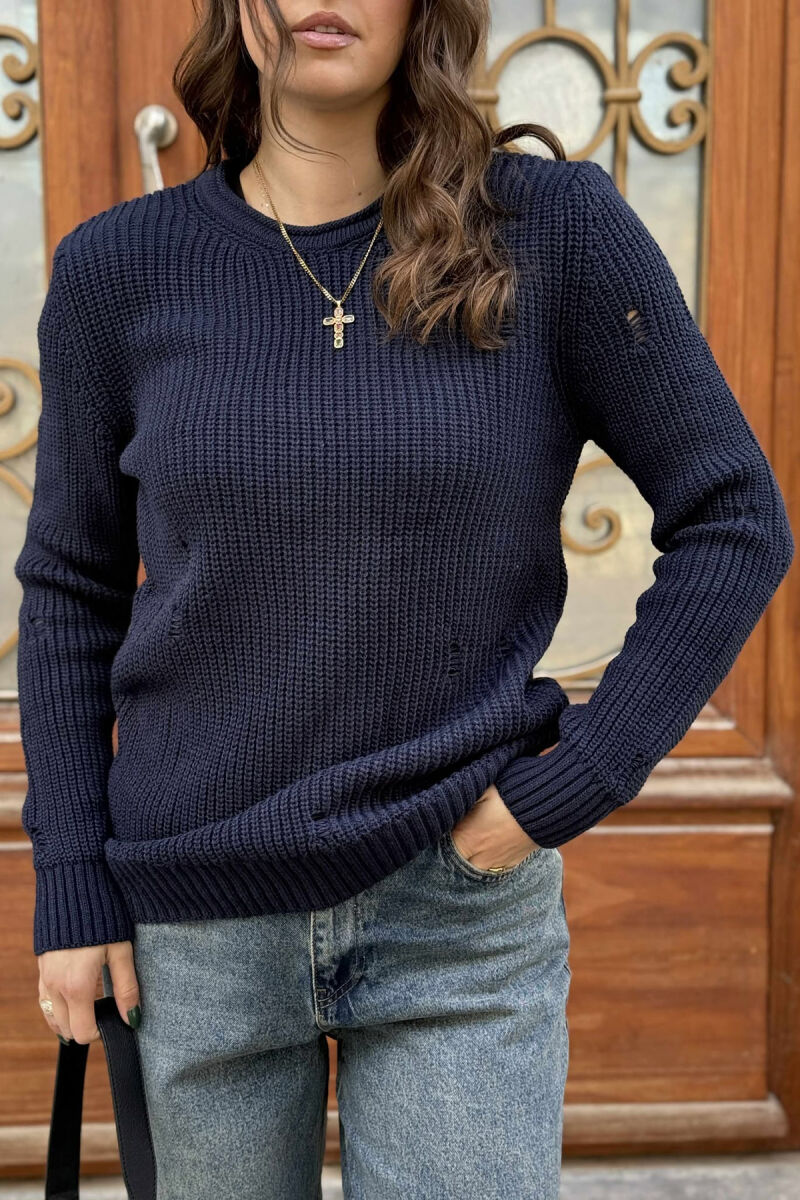 ROUND NECK KNITTED ONE COLOR WOMEN SWEATER BLUE/BLU - 4