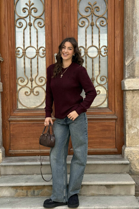 ROUND NECK KNITTED ONE COLOR WOMEN SWEATER BURGUNDY/VISHNJE 