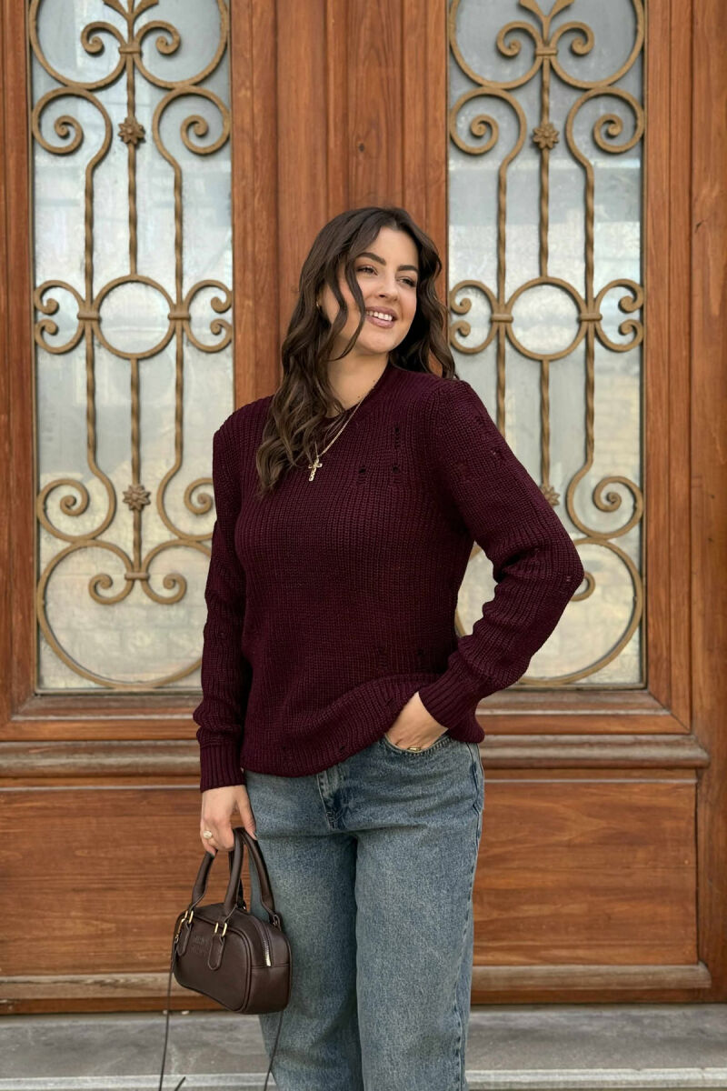 ROUND NECK KNITTED ONE COLOR WOMEN SWEATER BURGUNDY/VISHNJE - 2
