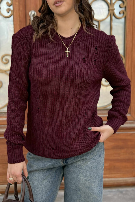 ROUND NECK KNITTED ONE COLOR WOMEN SWEATER BURGUNDY/VISHNJE - 4