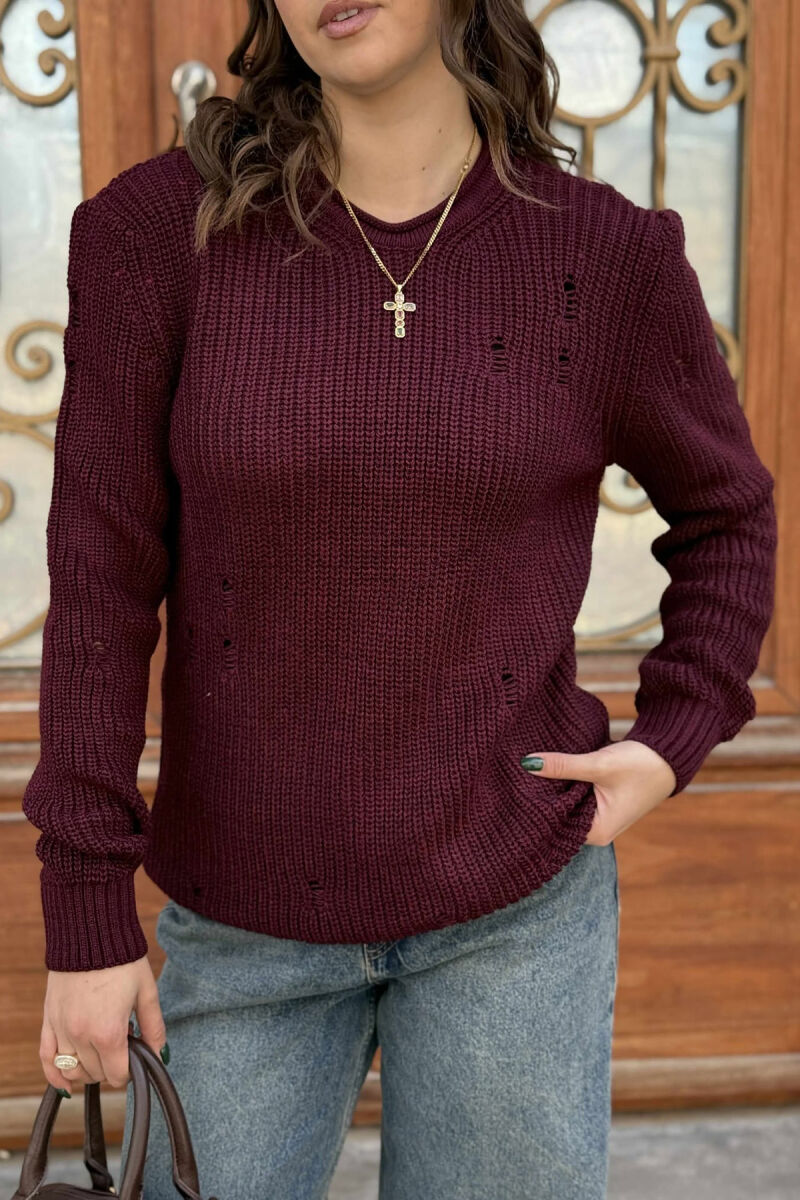 ROUND NECK KNITTED ONE COLOR WOMEN SWEATER BURGUNDY/VISHNJE - 4