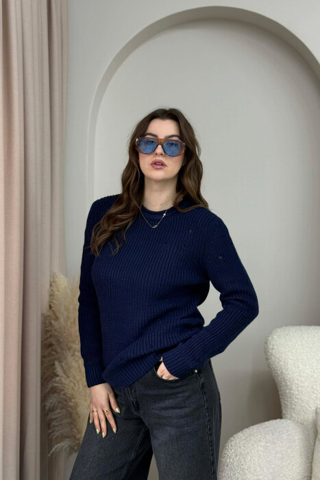 ROUND NECK KNITTED ONE COLOR WOMEN SWEATER DARK BLUE/BEE - 1