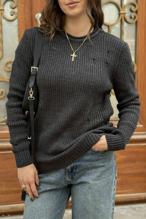 ROUND NECK KNITTED ONE COLOR WOMEN SWEATER DARK GREY/GEE - 4