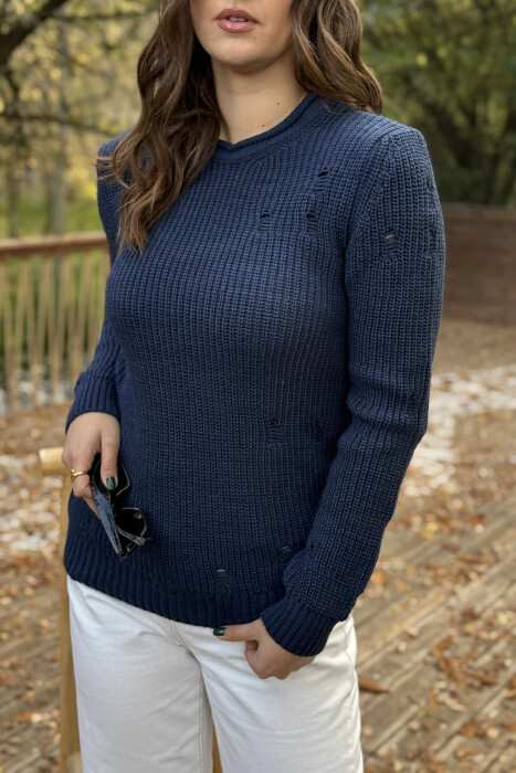 ROUND NECK KNITTED ONE COLOR WOMEN SWEATER LIGHTBLUE/BZ - 3