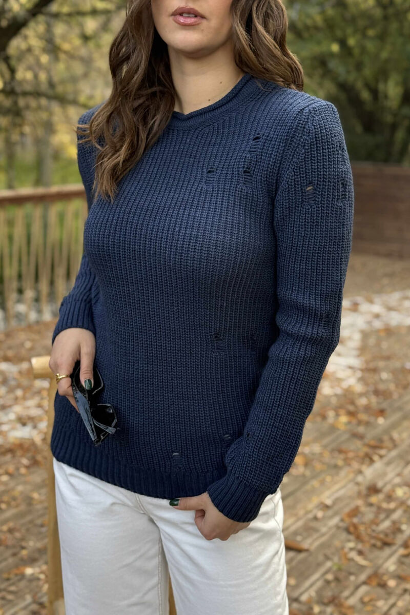 ROUND NECK KNITTED ONE COLOR WOMEN SWEATER LIGHTBLUE/BZ - 3