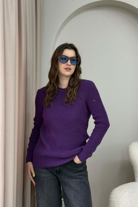 ROUND NECK KNITTED ONE COLOR WOMEN SWEATER PURPLE/LEJLA 