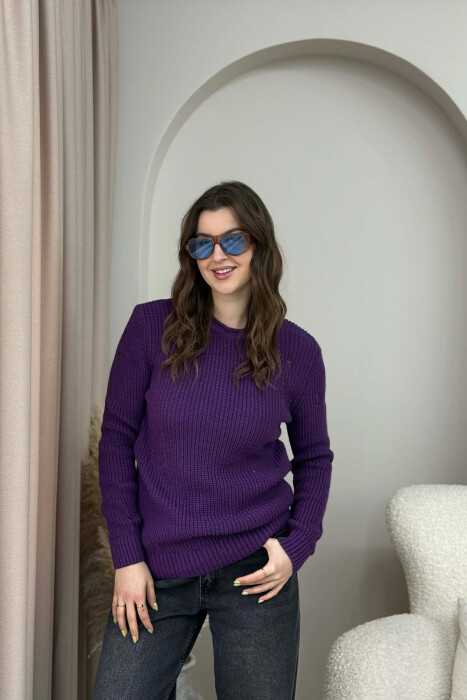 ROUND NECK KNITTED ONE COLOR WOMEN SWEATER PURPLE/LEJLA - 2