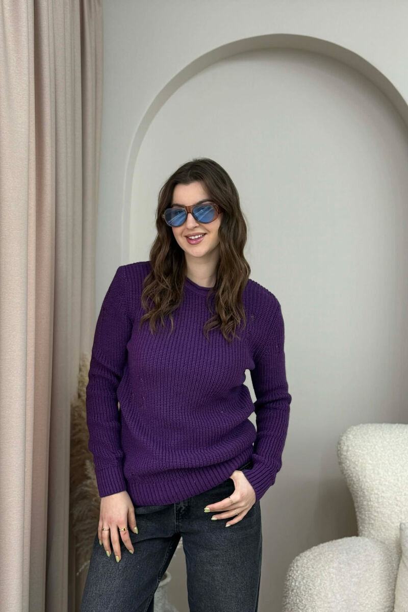 ROUND NECK KNITTED ONE COLOR WOMEN SWEATER PURPLE/LEJLA - 2
