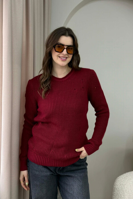 ROUND NECK KNITTED ONE COLOR WOMEN SWEATER RED/E KUQE 