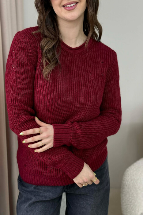 ROUND NECK KNITTED ONE COLOR WOMEN SWEATER RED/E KUQE - 3