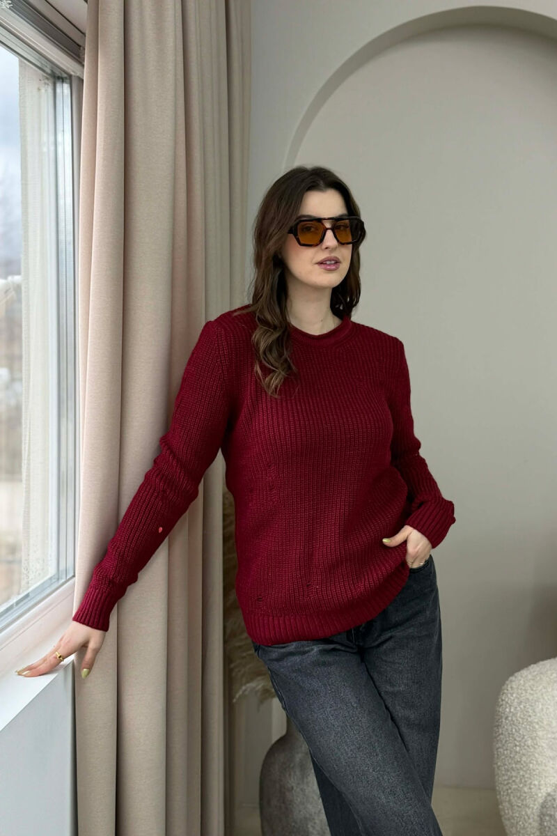 ROUND NECK KNITTED ONE COLOR WOMEN SWEATER RED/E KUQE - 4