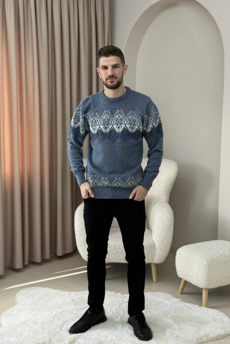 TRIKO E THURRUR ME JAKE TE RRUMBULLAKET DHE MOTIVE TE THJESHTA PER MESHKUJ NE NGJYRE BLU TE ZBARDHUR - KLAUDIO FASHION