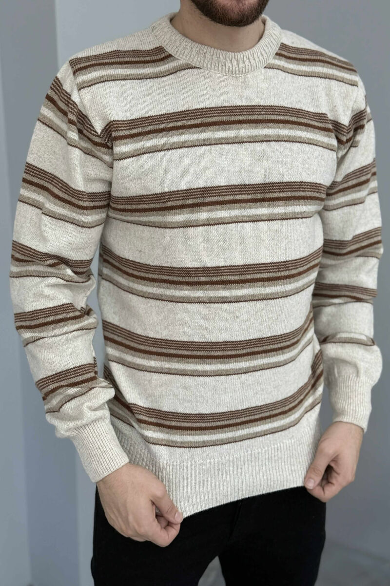 ROUND NECK KNITTED STRIPE DESIGN MEN SWEATER BEIGE/BEZHE - 2