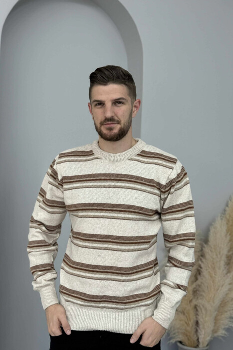 ROUND NECK KNITTED STRIPE DESIGN MEN SWEATER BEIGE/BEZHE - 3