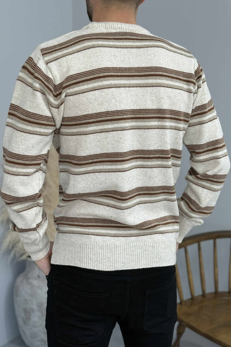 ROUND NECK KNITTED STRIPE DESIGN MEN SWEATER BEIGE/BEZHE - 4
