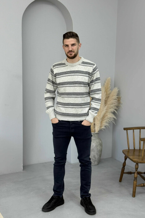 ROUND NECK KNITTED STRIPE DESIGN MEN SWEATER LIGHT GREY/GZ - 1