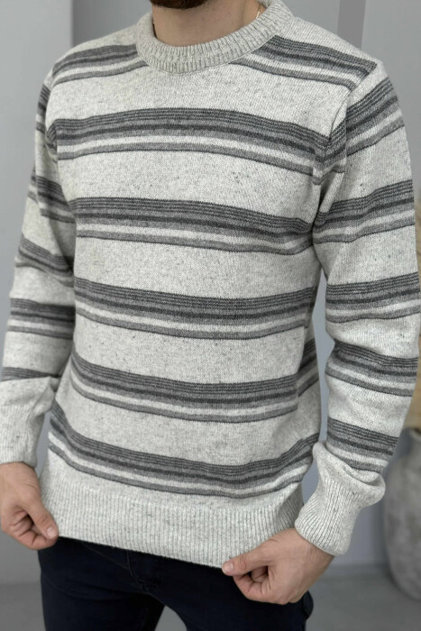 ROUND NECK KNITTED STRIPE DESIGN MEN SWEATER LIGHT GREY/GZ - 2