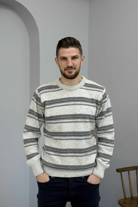 ROUND NECK KNITTED STRIPE DESIGN MEN SWEATER LIGHT GREY/GZ - 3