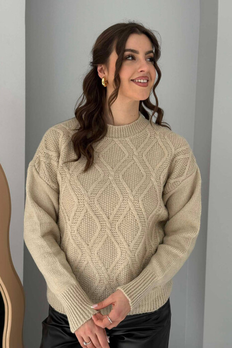 ROUND NECK KNITTED WOMEN SWEATER BEIGE/BEZHE - 1