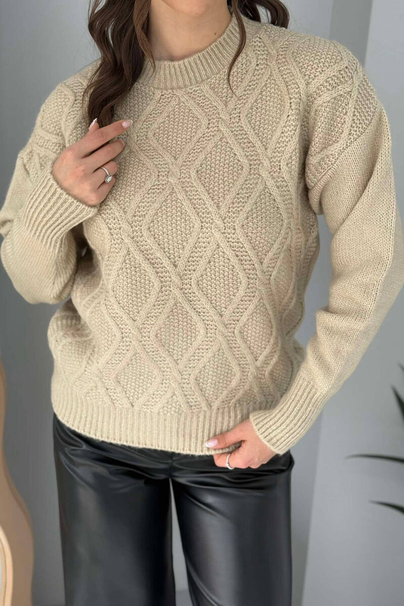 ROUND NECK KNITTED WOMEN SWEATER BEIGE/BEZHE - 4