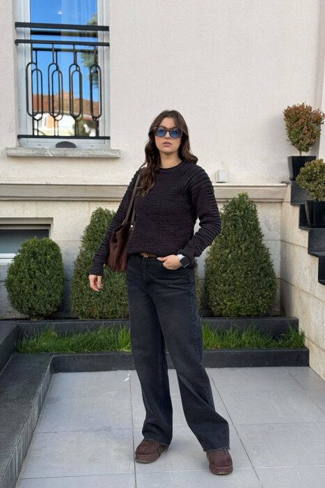 ROUND NECK KNITTED WOMEN SWEATER BLACK/ E ZEZE - 1