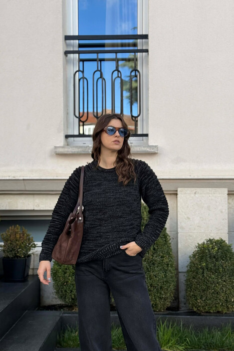 ROUND NECK KNITTED WOMEN SWEATER BLACK-GREY/ZEGR - 1